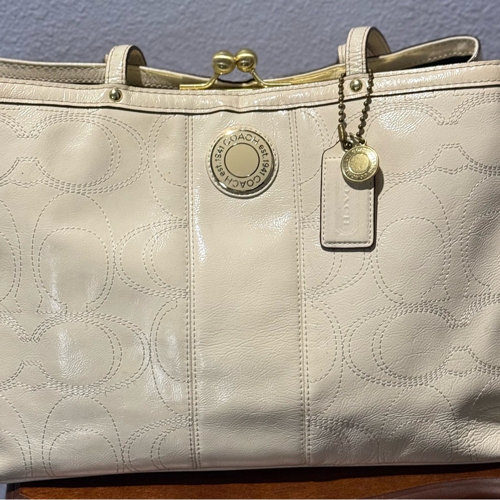 Coach Off-White Leather Tote with Gold Accents